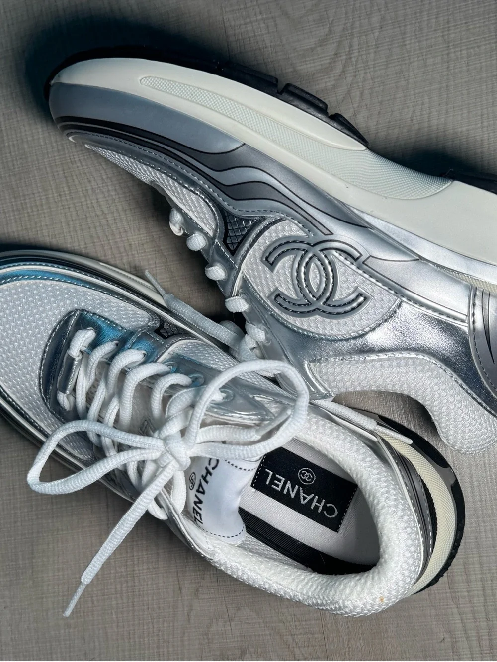 CHANEL Metallic Blue and White CC Logo Racing Sneakers